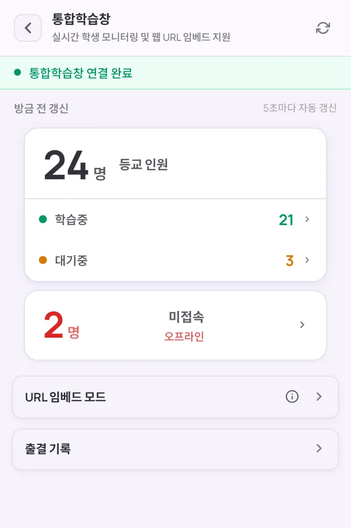 통합학습창 학생 접속 현황 대시보드 화면